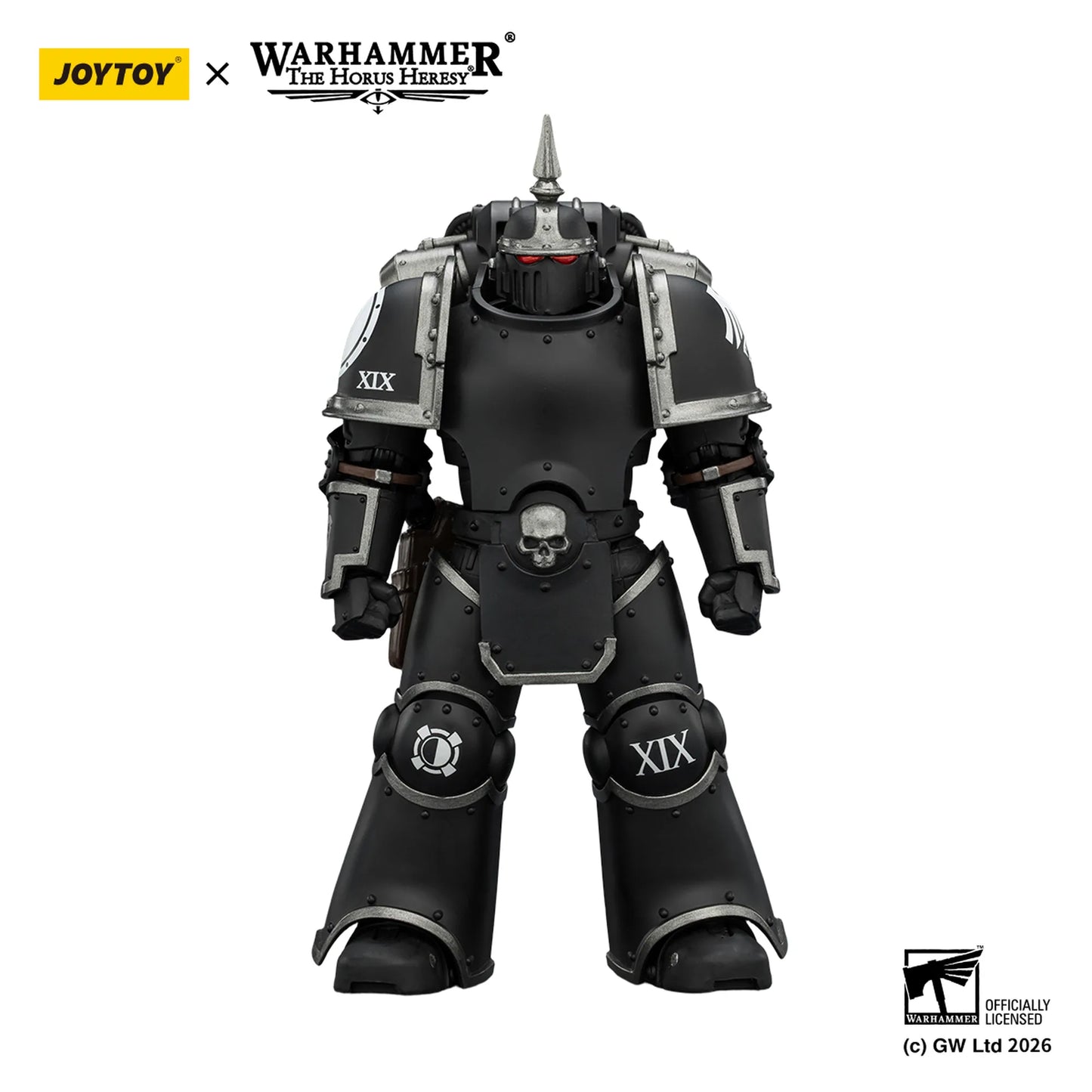 Black and gray robot figure with 'XIX' marking, featuring Joytoy and Warhammer The Horus Heresy logos.