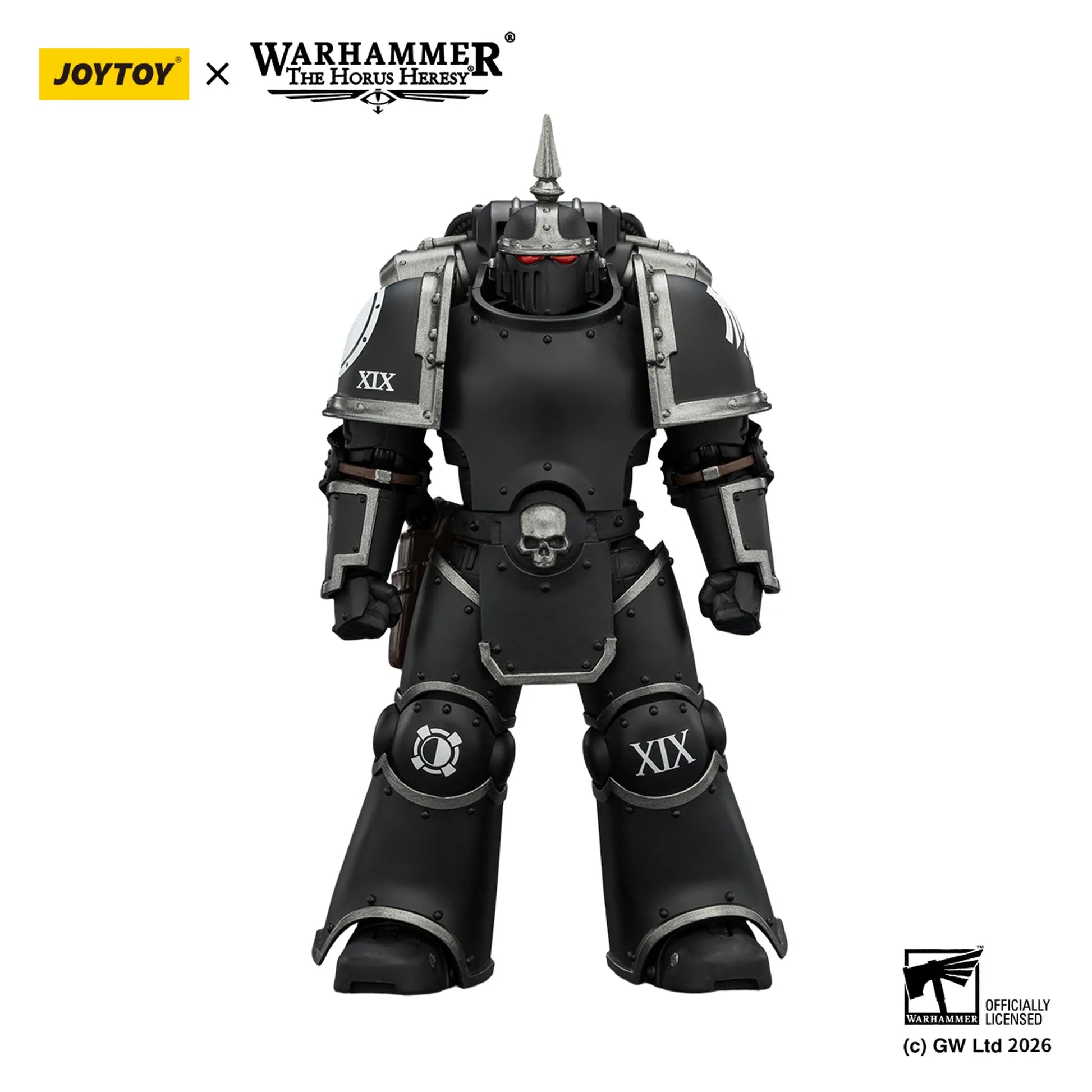 Black and gray robot figure with 'XIX' marking, featuring Joytoy and Warhammer The Horus Heresy logos.