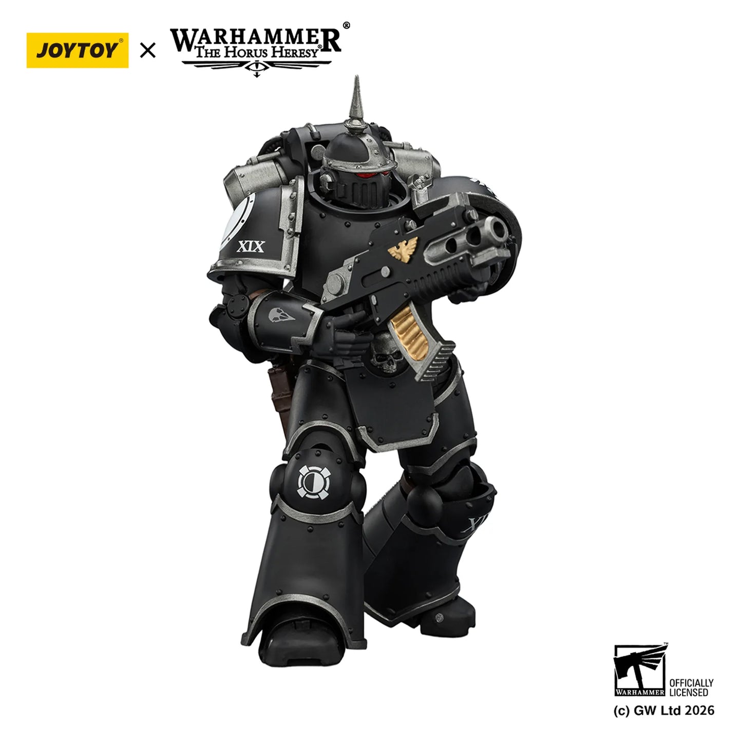 Toy figure of a warrior in black armor with Joytoy and Warhammer branding.