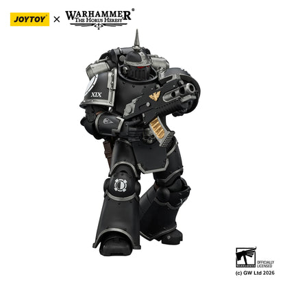 Toy figure of a warrior in black armor with Joytoy and Warhammer branding.
