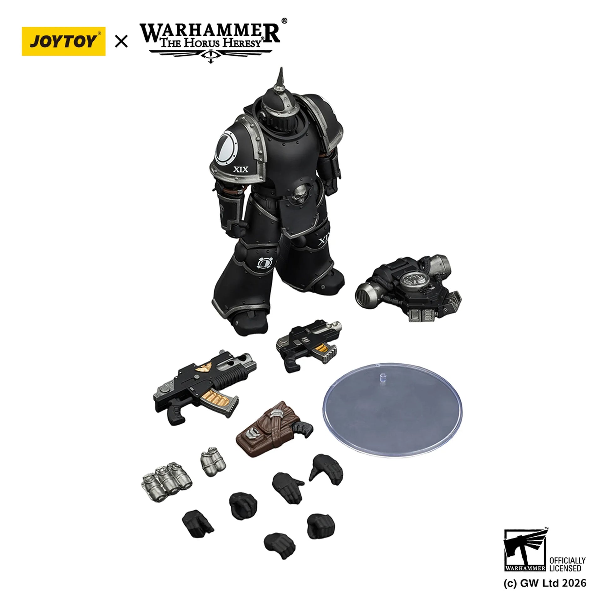 Toy robot figure with parts on a white background, featuring Joytoy and Warhammer branding.