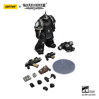 Toy robot figure with parts on a white background, featuring Joytoy and Warhammer branding.
