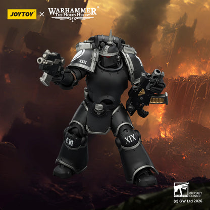 Toy figure of a warrior in black armor with 'XIX' on a fiery background, featuring Joytoy and Warhammer branding.