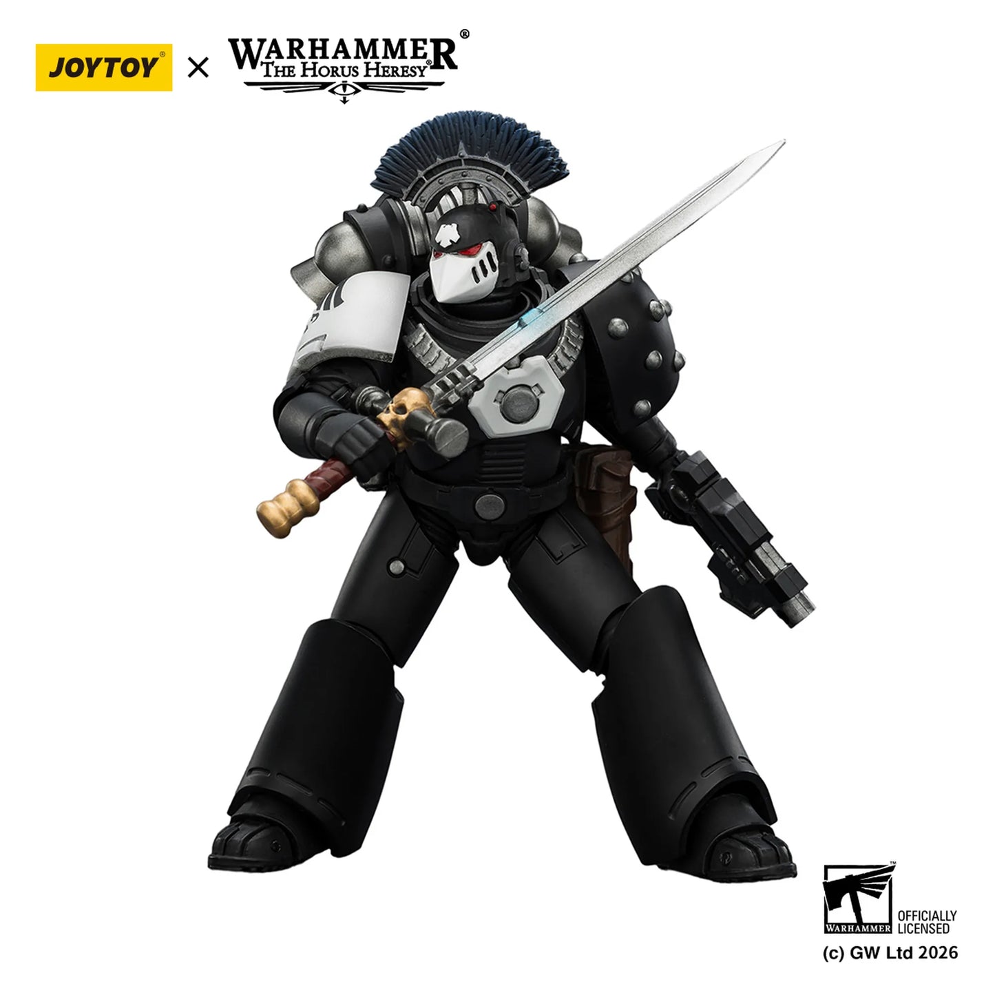Toy figure of a warrior in black armor with a sword, branded with Joytoy and Warhammer The Horus Heresy.
