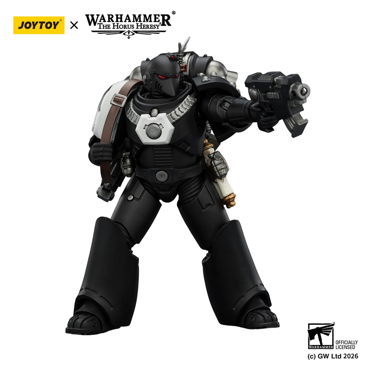 Toy figure with detailed armor and weapons, branded with Joytoy and Warhammer The Horus Heresy.