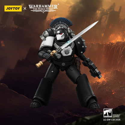Toy figure of a warrior with a sword against a fiery background, featuring Joytoy and Warhammer branding.