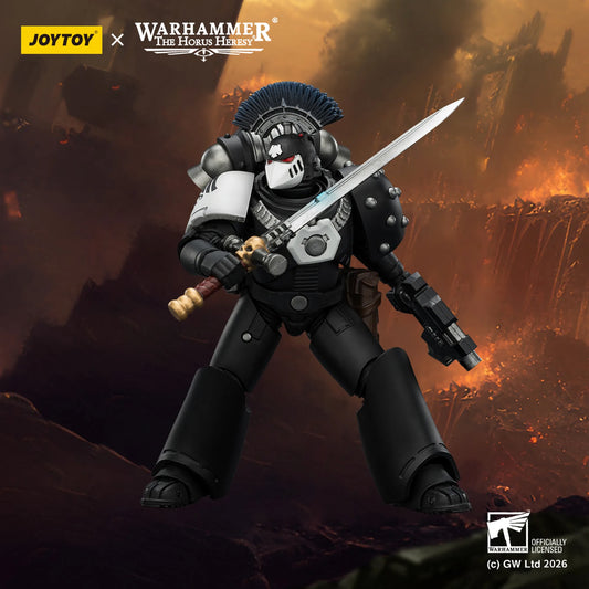 Toy figure of a warrior with a sword against a fiery background, featuring Joytoy and Warhammer branding.