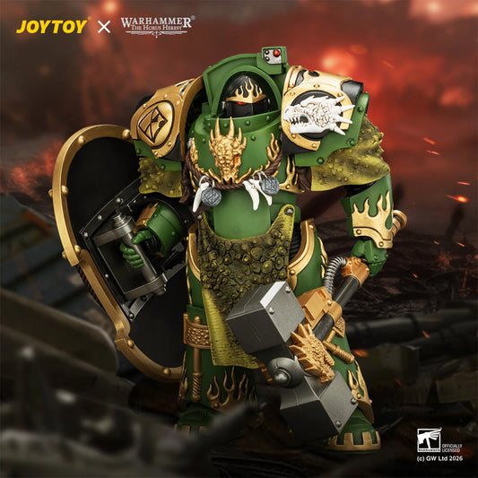 Warhammer 40k JoyToy LGS 2026 figure of a green Space Marine Warlord with gold armor plates, a shield, and a hammer, set against a fiery red and black battlefield background.