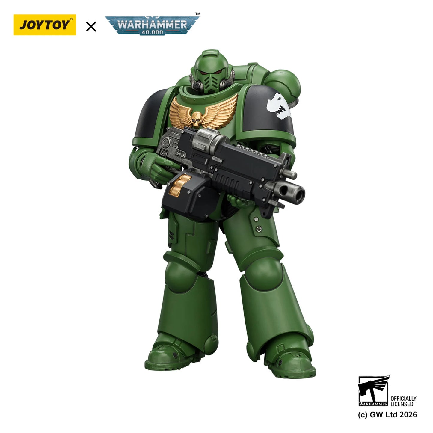 Toy figure in green armor with a weapon, branded with Joytoy and Warhammer on a white background.