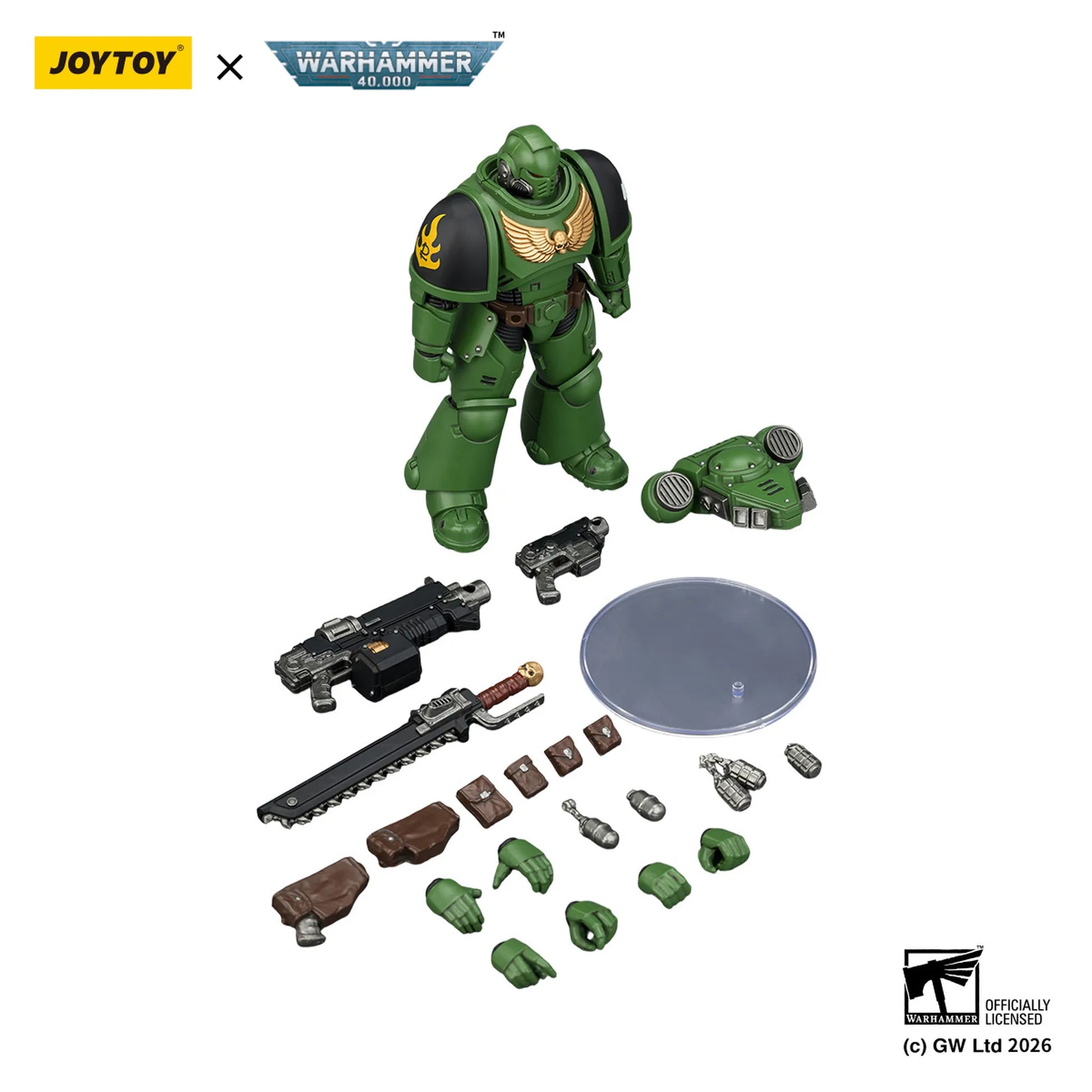 Toy figure with accessories on a white background, featuring Joytoy and Warhammer branding.
