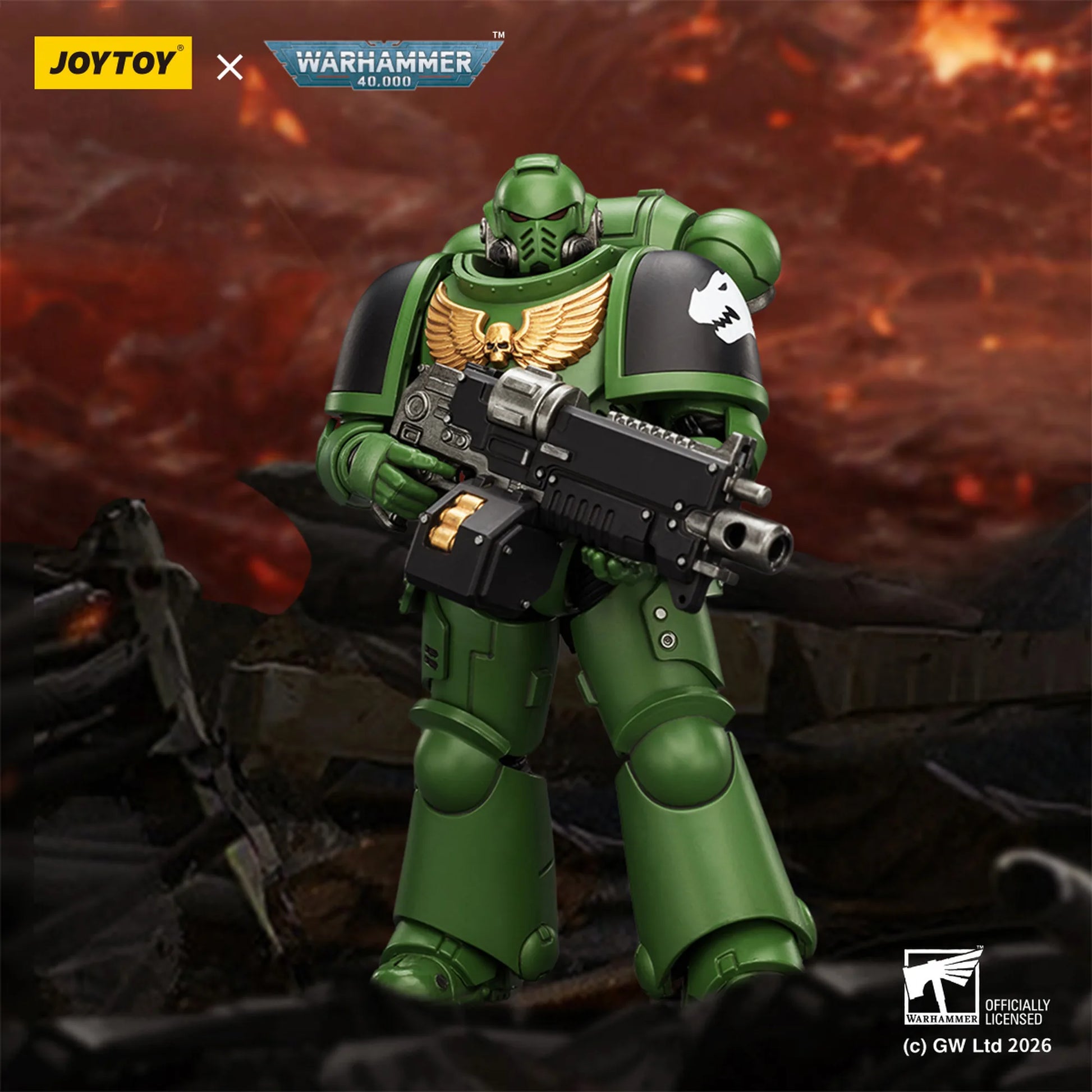Toy figure in green armor with a weapon, branded with Joytoy and Warhammer, on a fiery background.