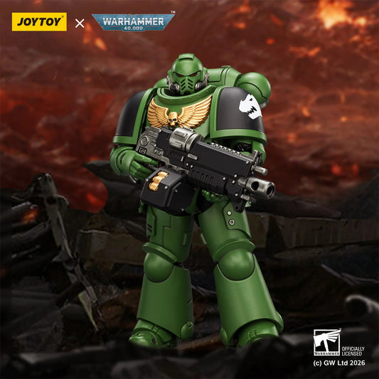 Toy figure in green armor with a weapon, branded with Joytoy and Warhammer, on a fiery background.
