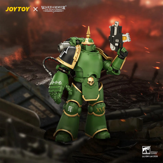 Warhammer 40k JOYTOY x Good Smile Company 1/6 scale collectible figure of a green Space Marine warrior with gold accents, holding a weapon, set against a fiery, war-torn background.