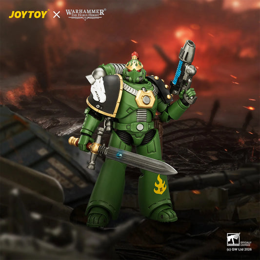 Warhammer 40k JOYTOY x Good Smile Company Space Marine 1/6 scale collectible figure in green power armor, holding a sword and pistol, set against a fiery red and black battlefield background.