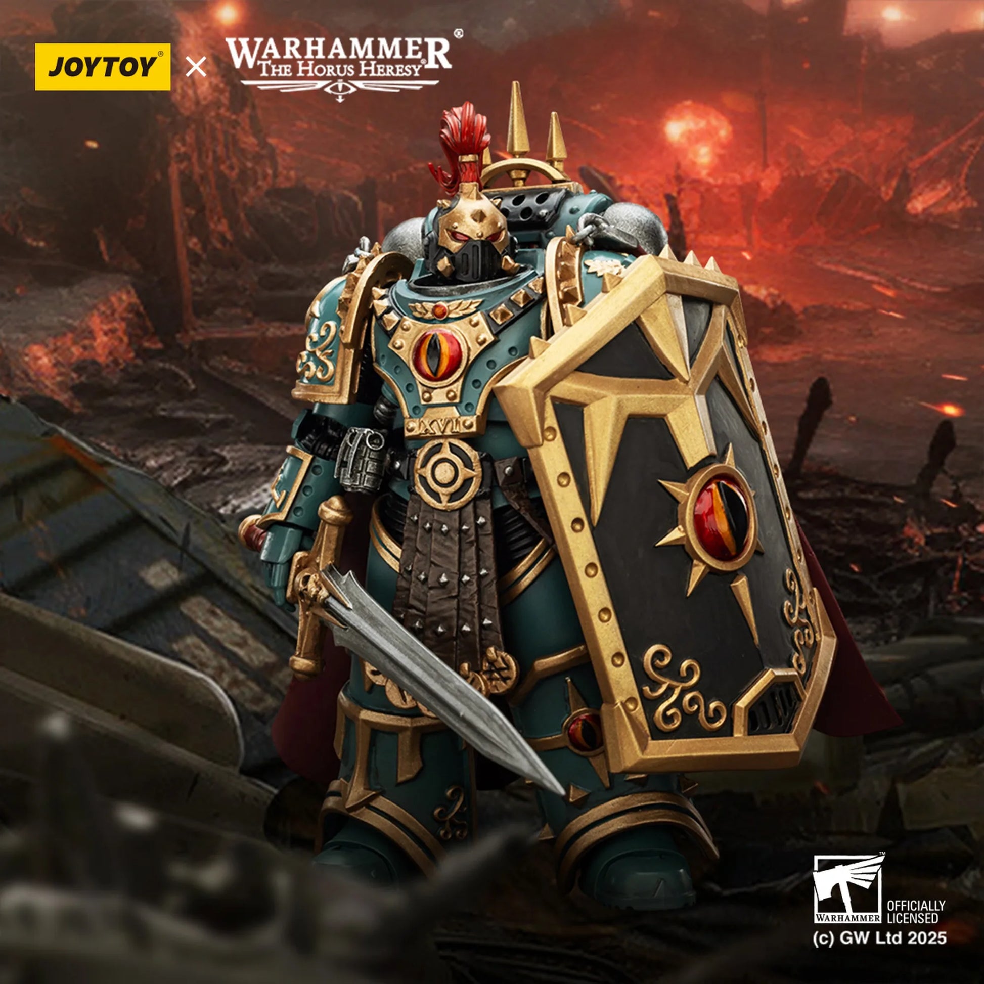 Warhammer figurine with detailed armor and shield in a fiery battlefield setting, featuring Joytoy branding.