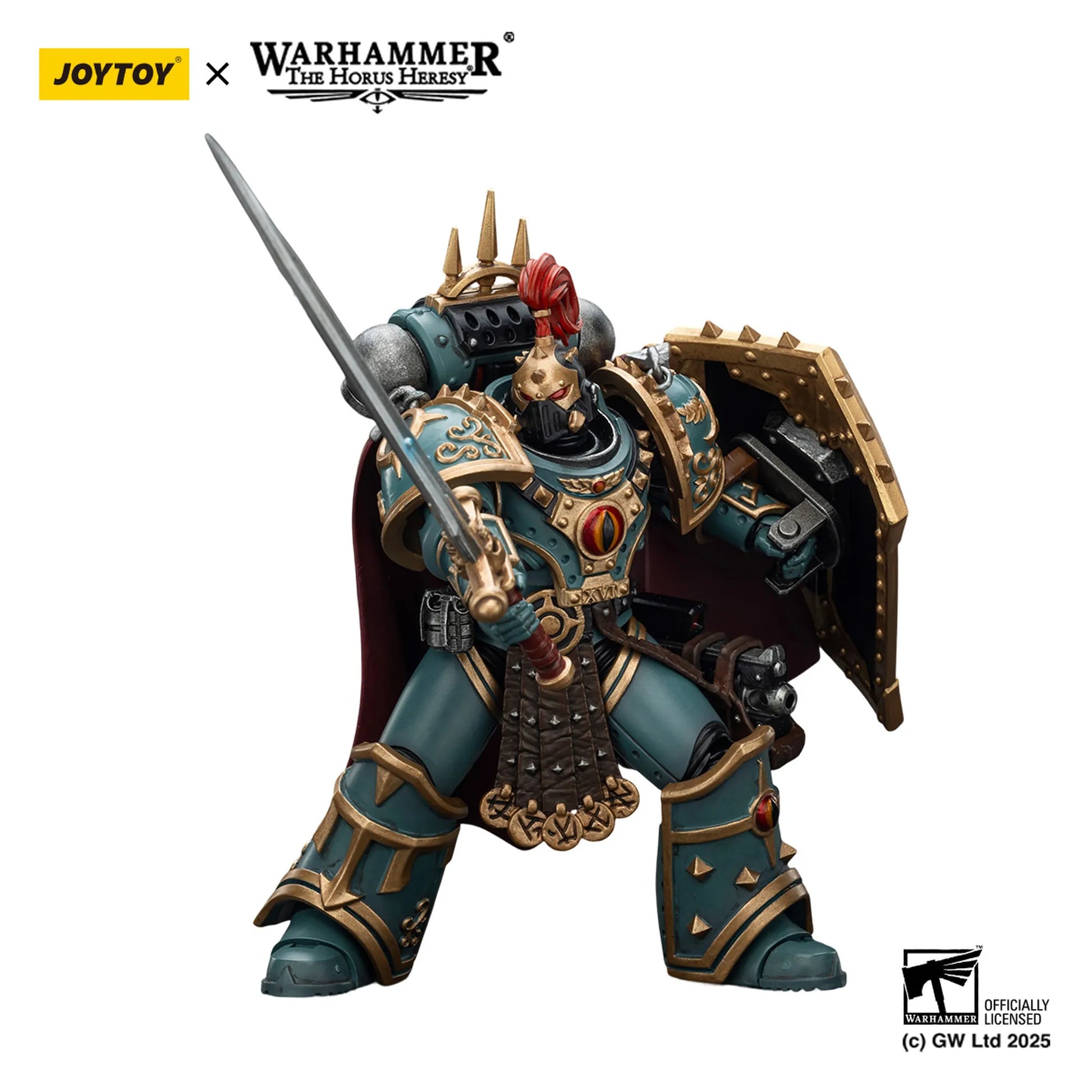 Warhammer figurine with armor and spear on a white background, featuring JoyToy and Games Workshop logos.