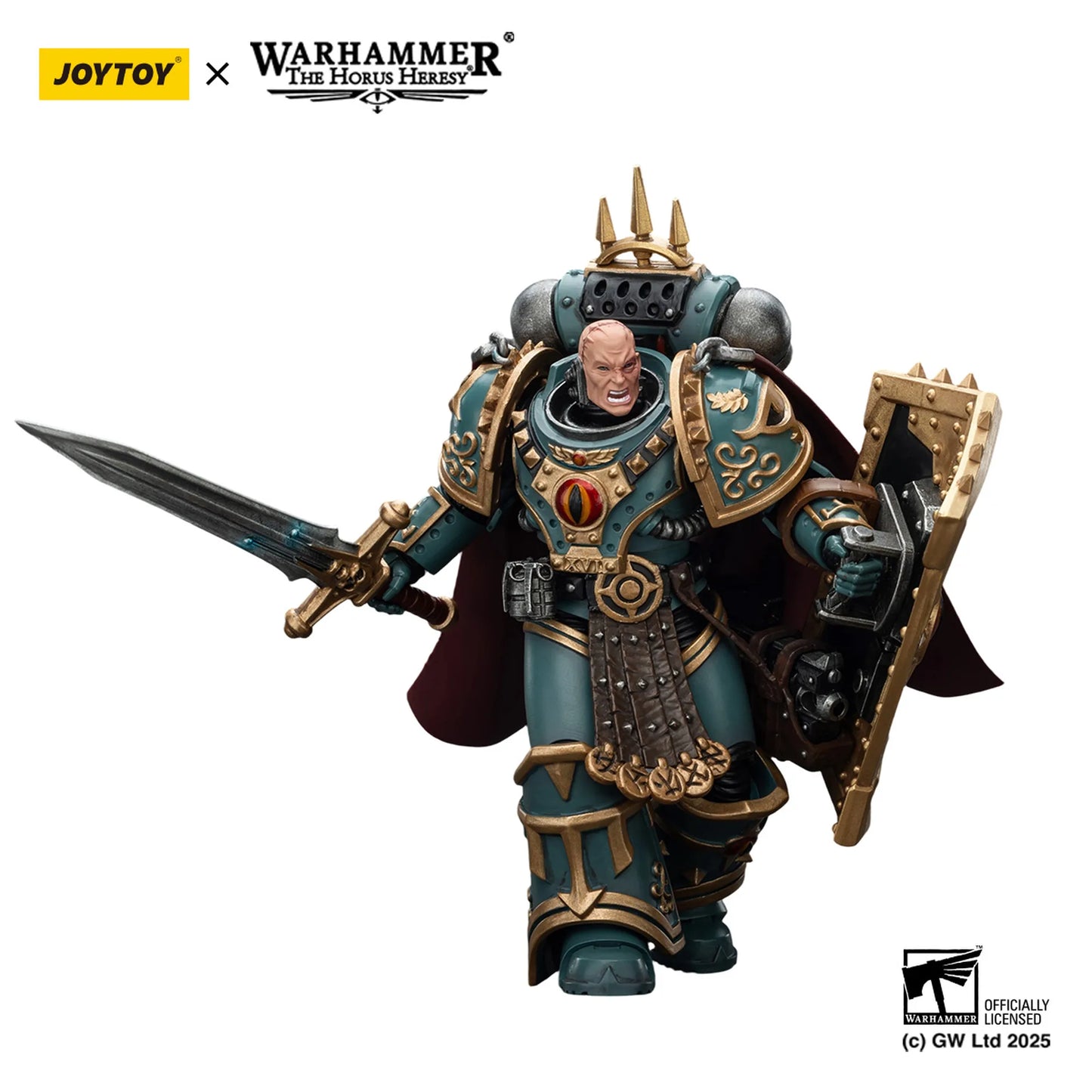 Warhammer figurine with armor and weapon on a white background, featuring JoyToy and Games Workshop logos.