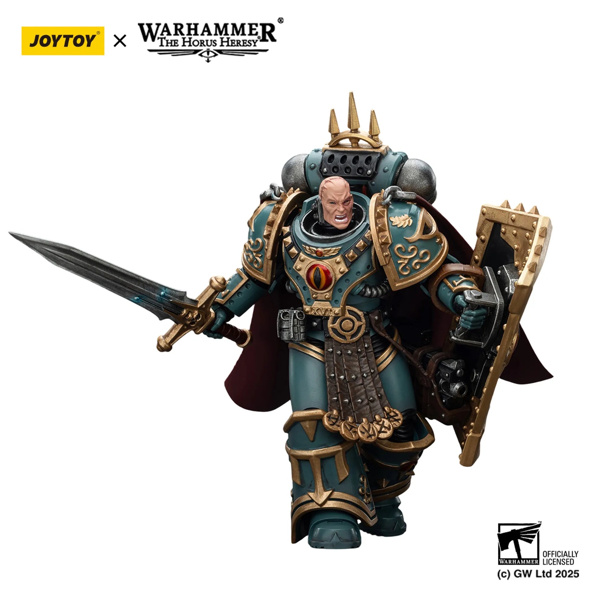 Warhammer figurine with armor and weapon on a white background, featuring JoyToy and Games Workshop logos.