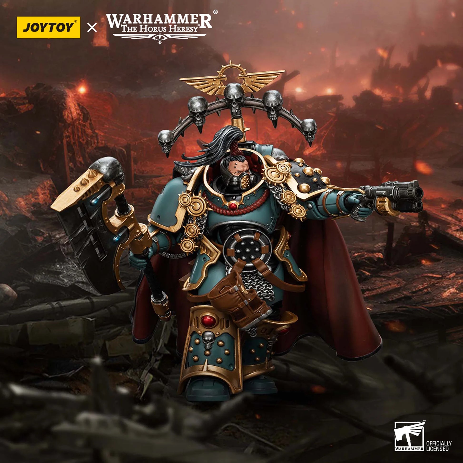Warhammer figurine with JoyToy branding in a fiery battlefield setting