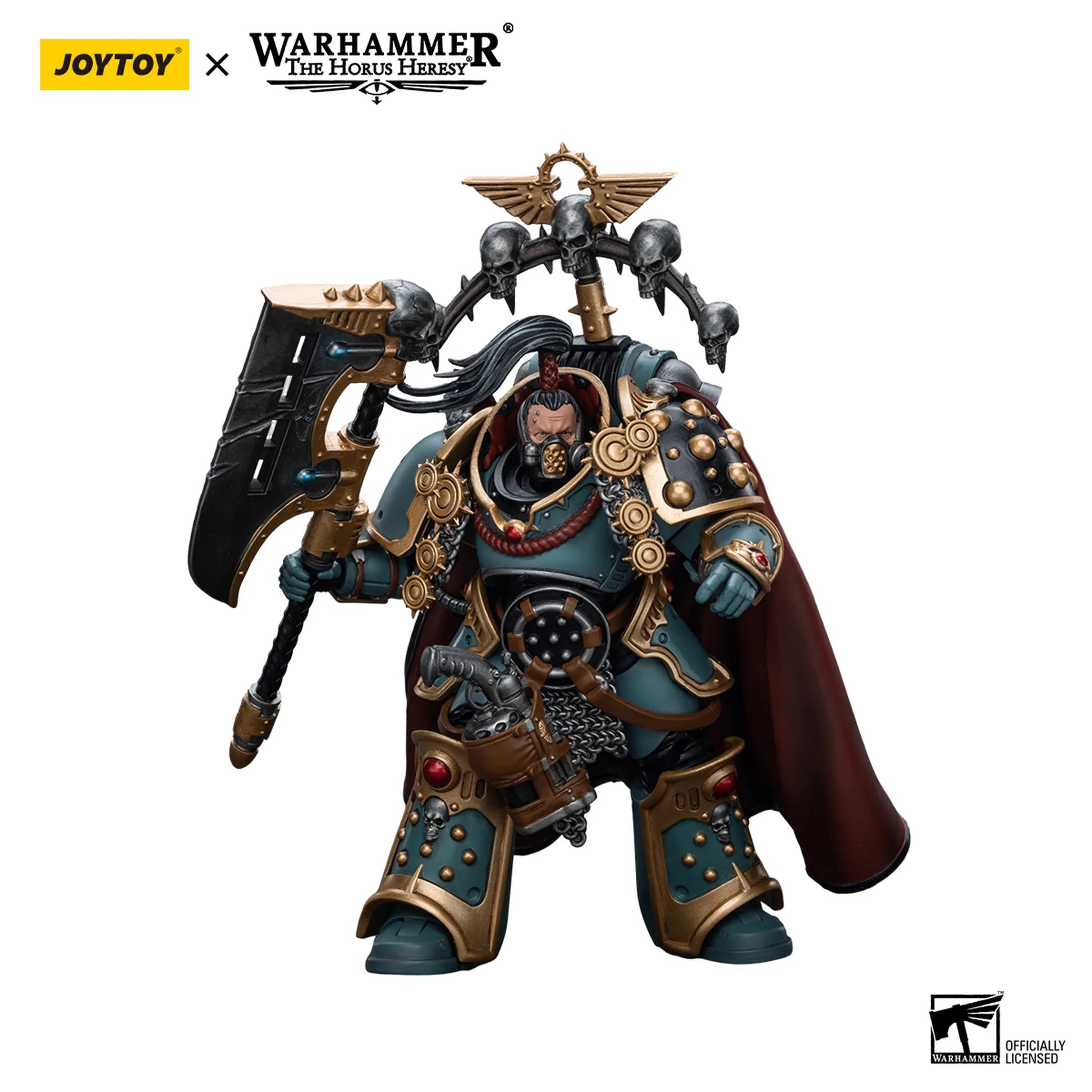 Warhammer figurine with armor and weapon, featuring JoyToy and Warhammer branding.