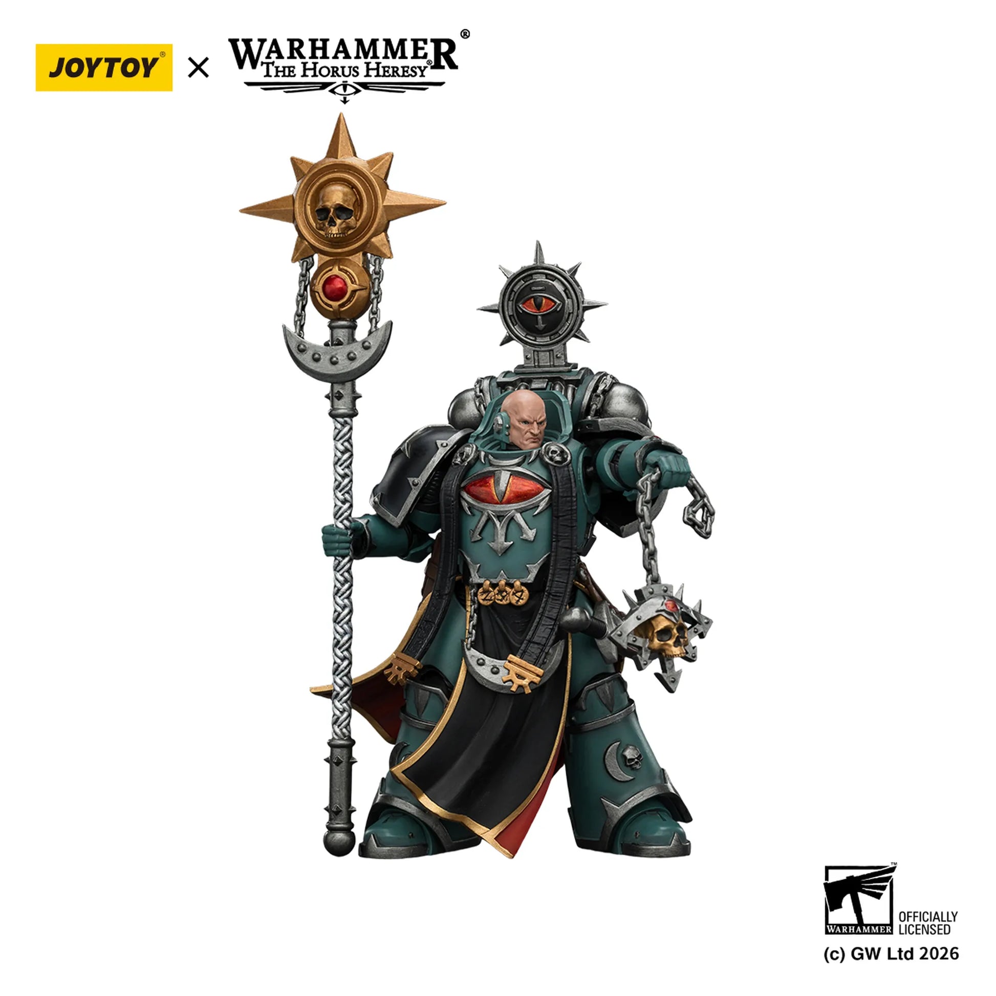 Warhammer figurine with a staff and armor, featuring Joytoy branding.
