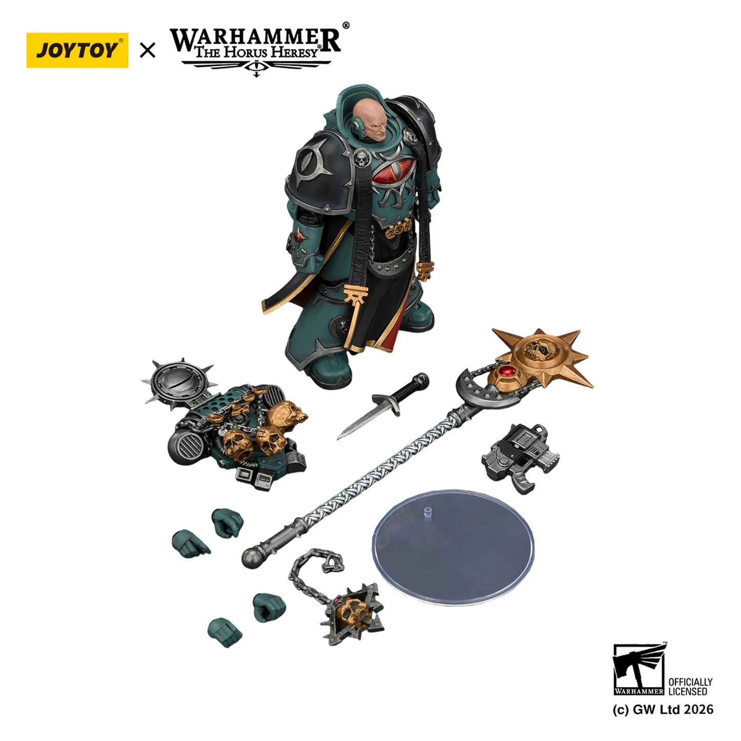 Warhammer figurine with accessories on a white background, featuring Joytoy and Games Workshop logos.