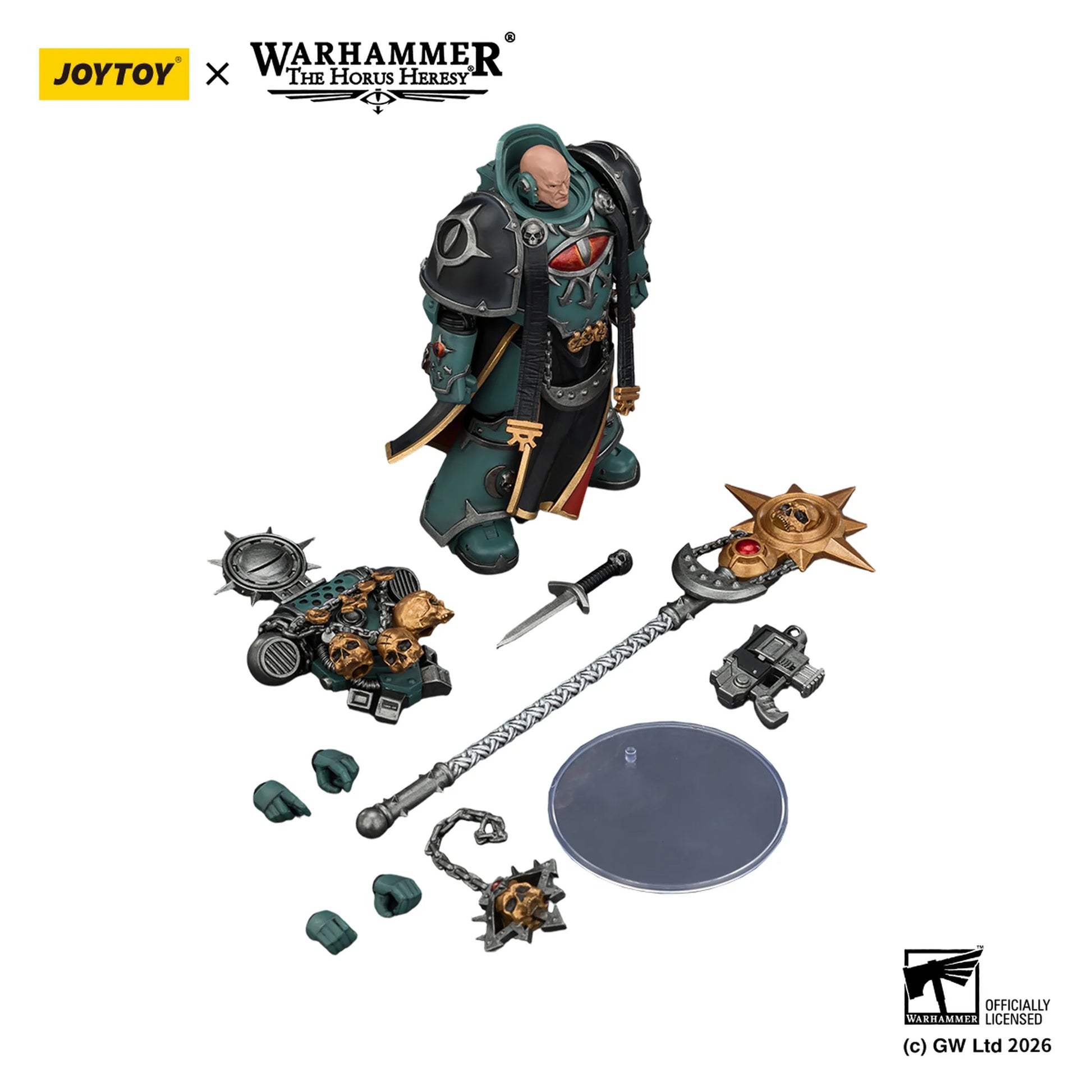 Warhammer figurine with accessories on a white background, featuring Joytoy and Games Workshop logos.