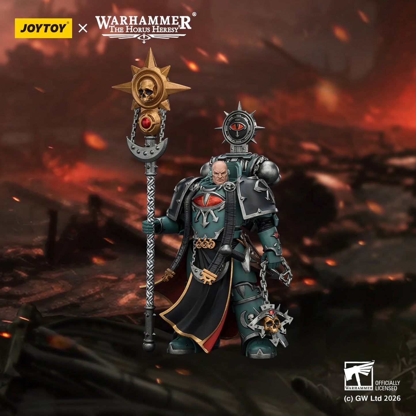 Warhammer figurine with a staff in a fiery landscape, featuring Joytoy and Games Workshop logos.