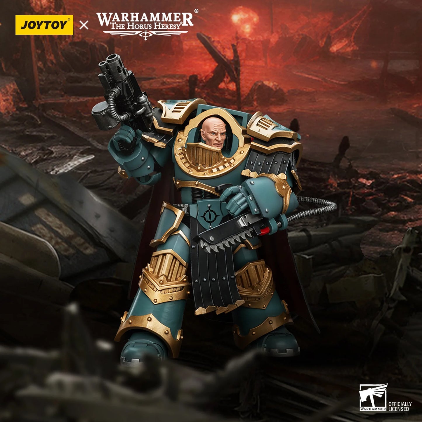 Warhammer figurine with detailed armor and weapons against a dark, war-torn background.