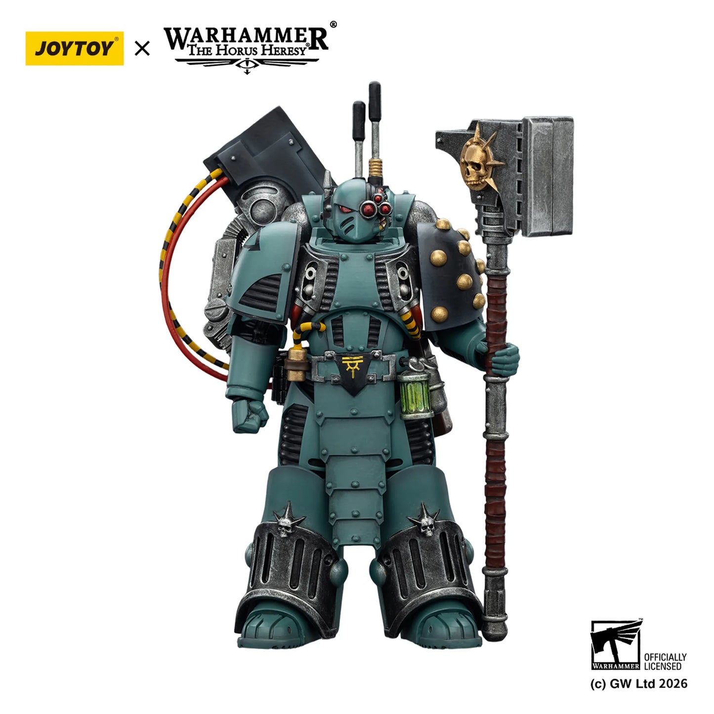 Warhammer figurine with armor and weapon on a white background, featuring JoyToy branding.