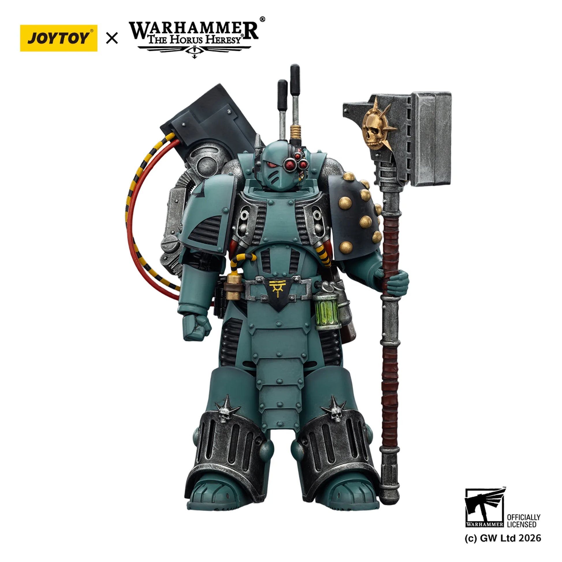 Warhammer figurine with armor and weapon on a white background, featuring JoyToy branding.