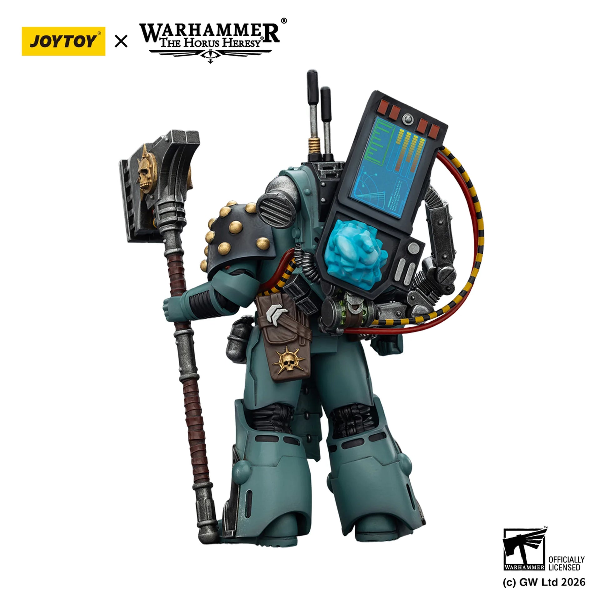 Toy figure with detailed armor and weapon, featuring Joytoy and Warhammer branding.