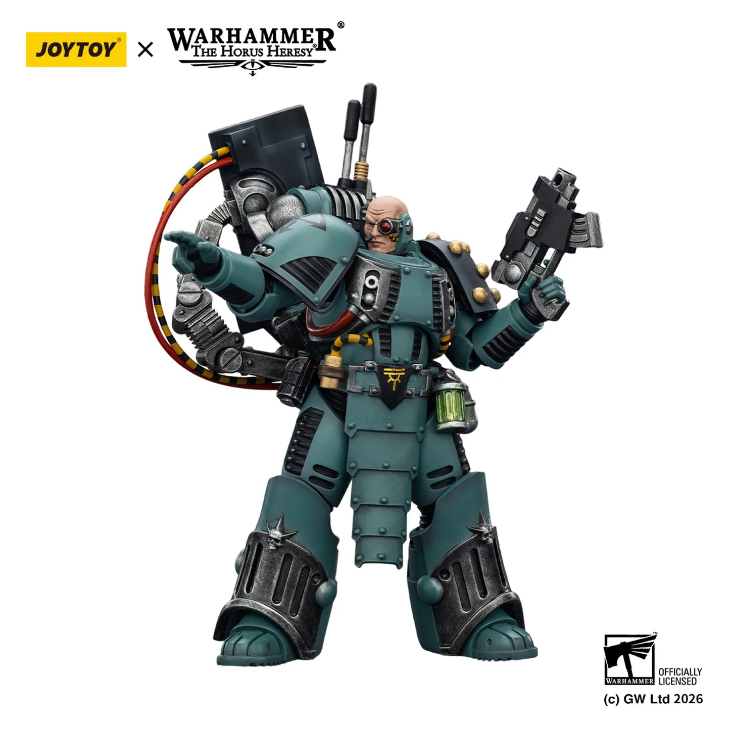 Toy figure with intricate details, holding weapons, on a white background with 'Joytoy' and 'Warhammer' branding.