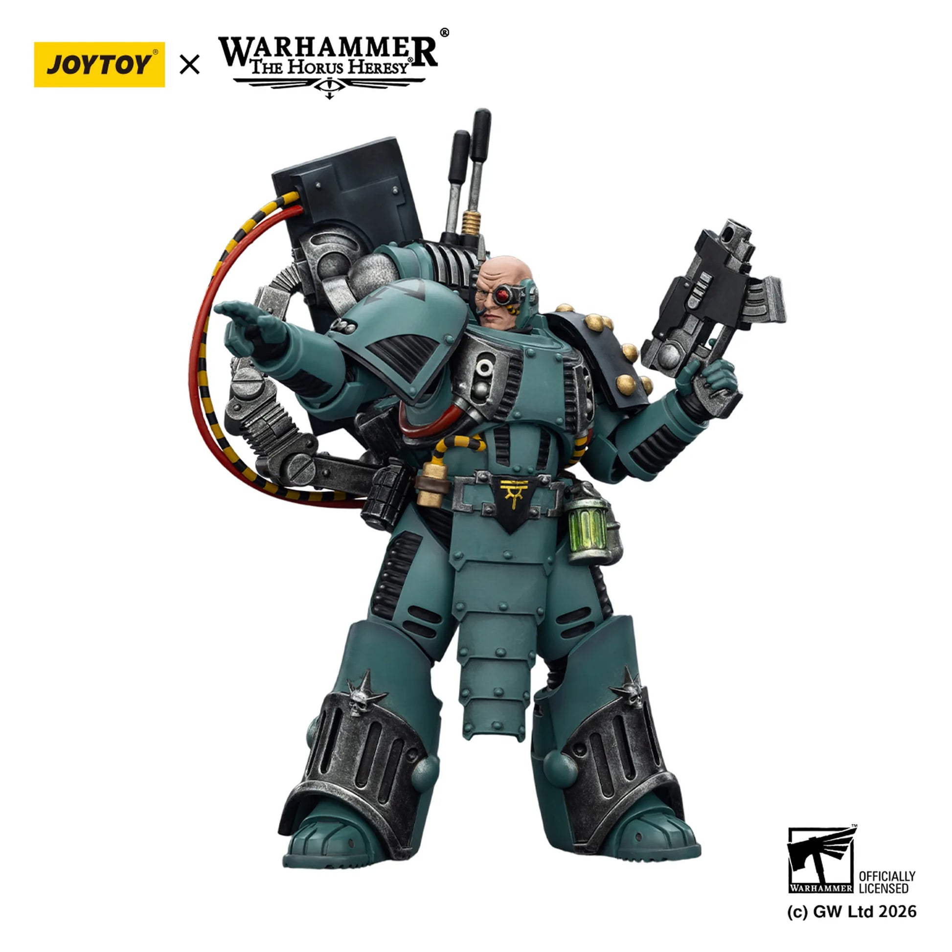Toy figure with intricate details, holding weapons, on a white background with 'Joytoy' and 'Warhammer' branding.