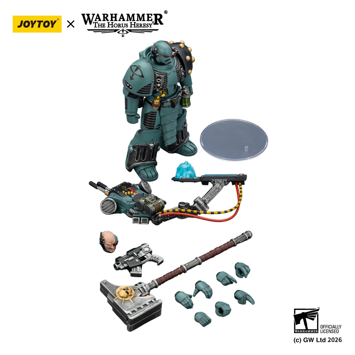 Toy figure set with weapons and accessories on a white background, featuring Joytoy and Warhammer branding.