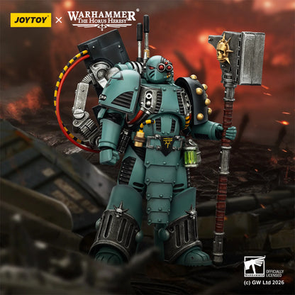 Toy figure of a warrior from 'Warhammer: The Horus Heresy' by Joytoy on a dark, fiery background.