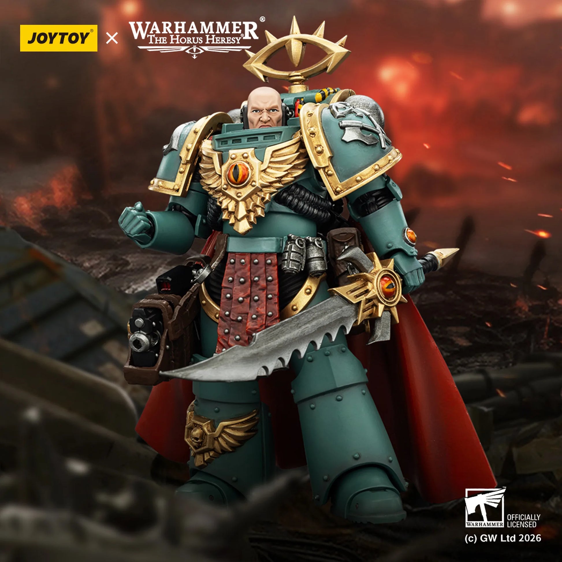 Warhammer figurine with Joytoy branding against a fiery background