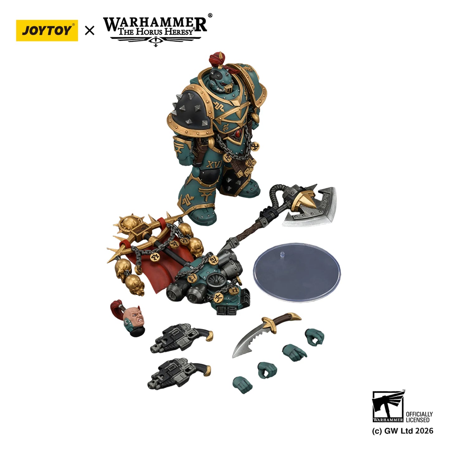 Warhammer figurine with accessories on a white background, featuring Joytoy and Warhammer branding.