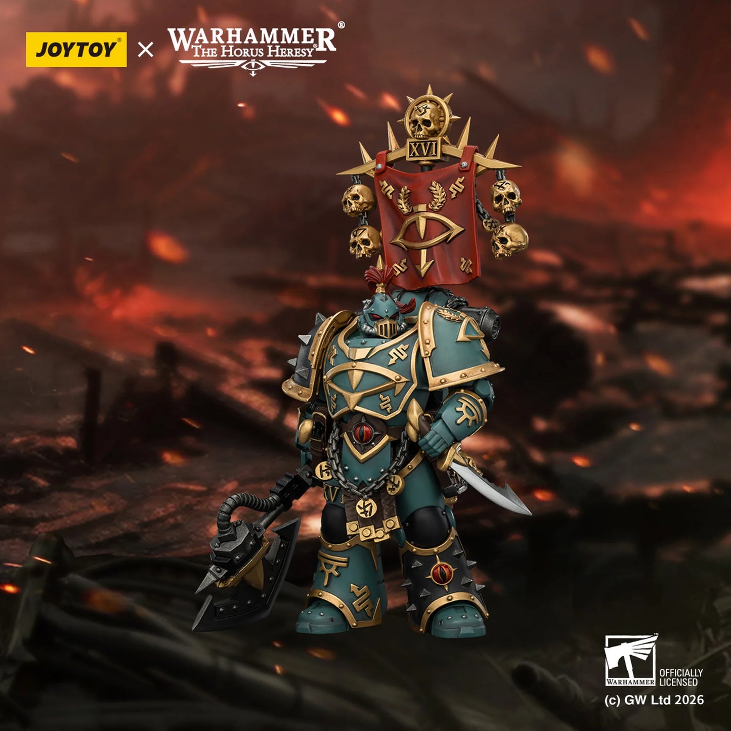 Warhammer figurine with detailed armor and weapons on a fiery background, featuring Joytoy and Games Workshop logos.