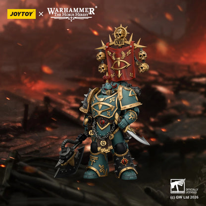 Warhammer figurine with detailed armor and weapons on a fiery background, featuring Joytoy and Games Workshop logos.