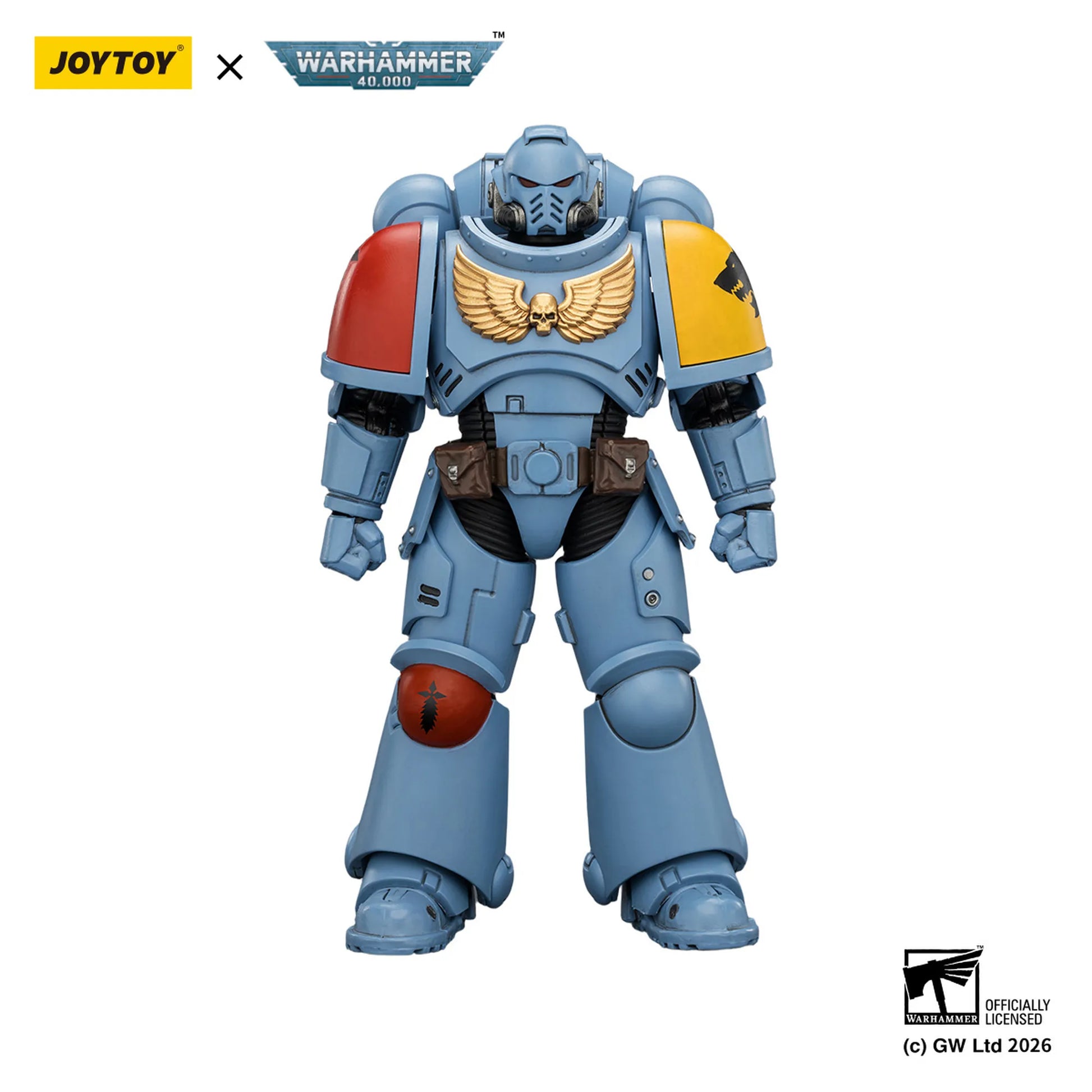 Toy figure in blue armor with red and yellow accents, branded with Joytoy and Warhammer on a white background.