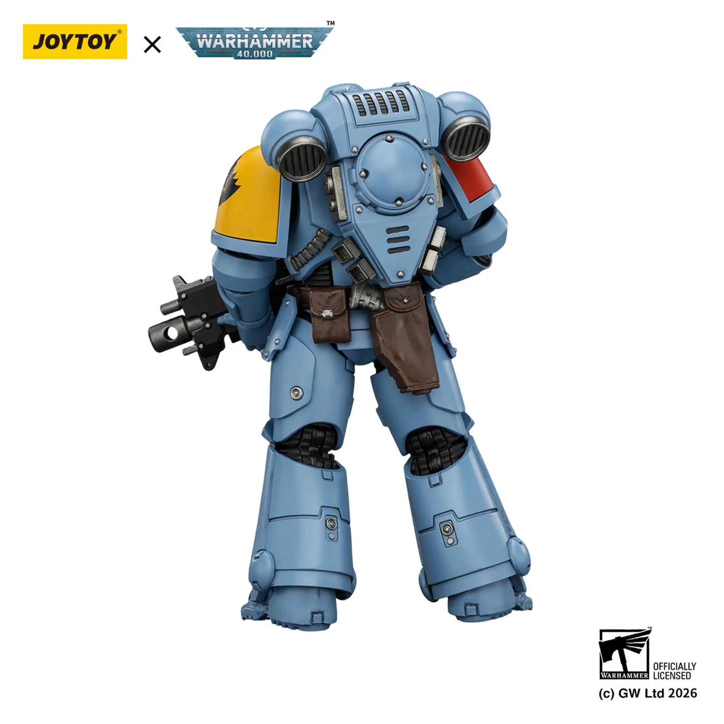 Toy figure of a character in blue armor with Joytoy and Warhammer branding.