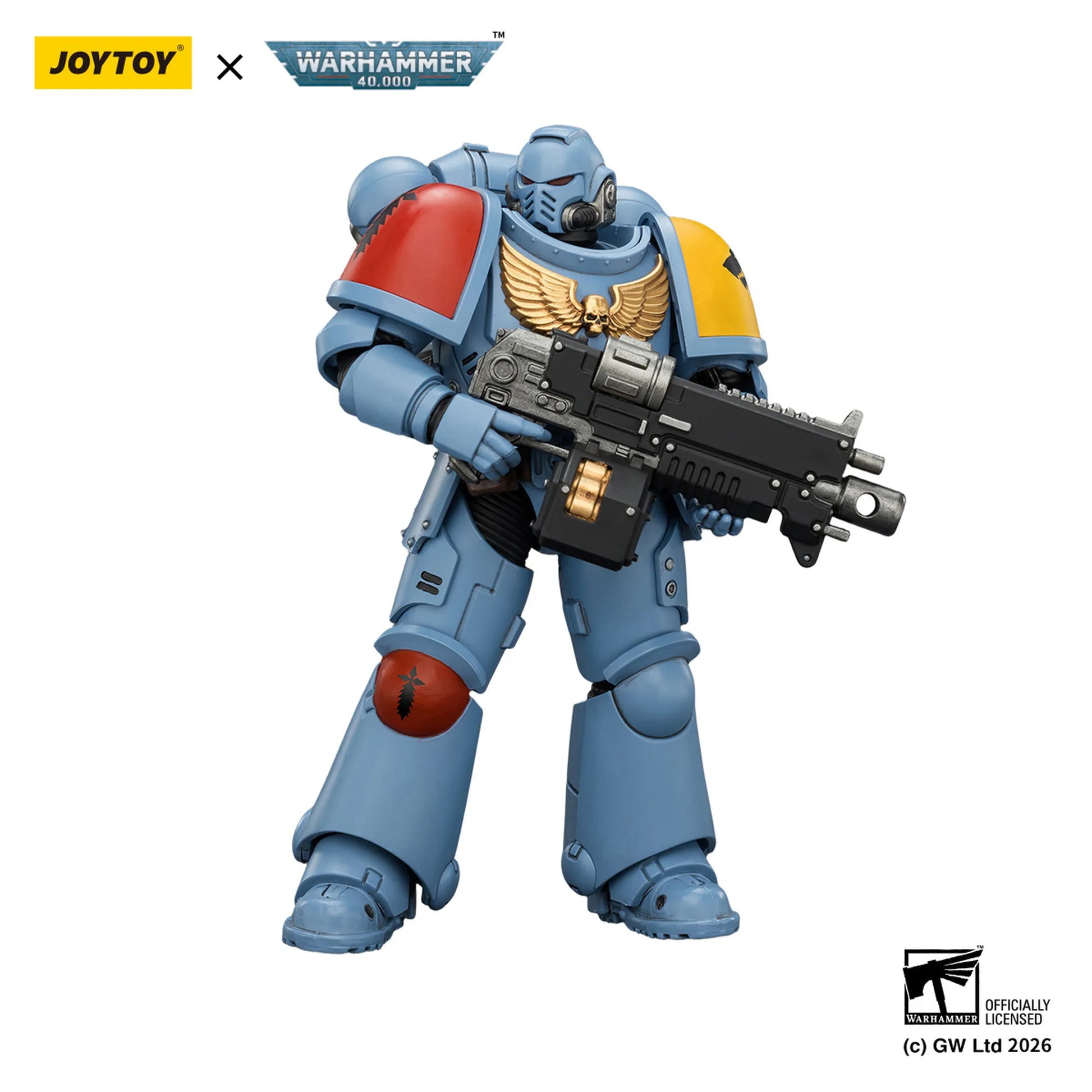 Toy figure of a character from Warhammer 40,000 with Joytoy branding on a white background
