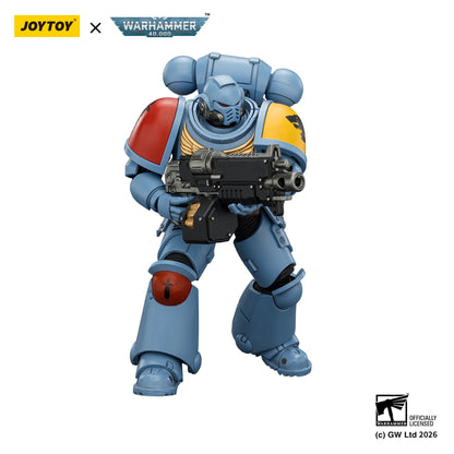 Toy figure of a character in blue armor with Joytoy and Warhammer branding.