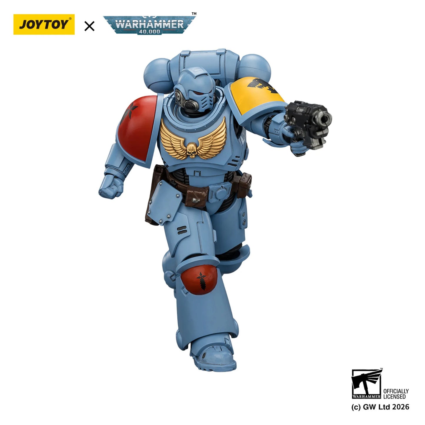 Toy figure in blue armor with red and yellow accents, holding a weapon, on a white background with Joytoy and Warhammer branding.