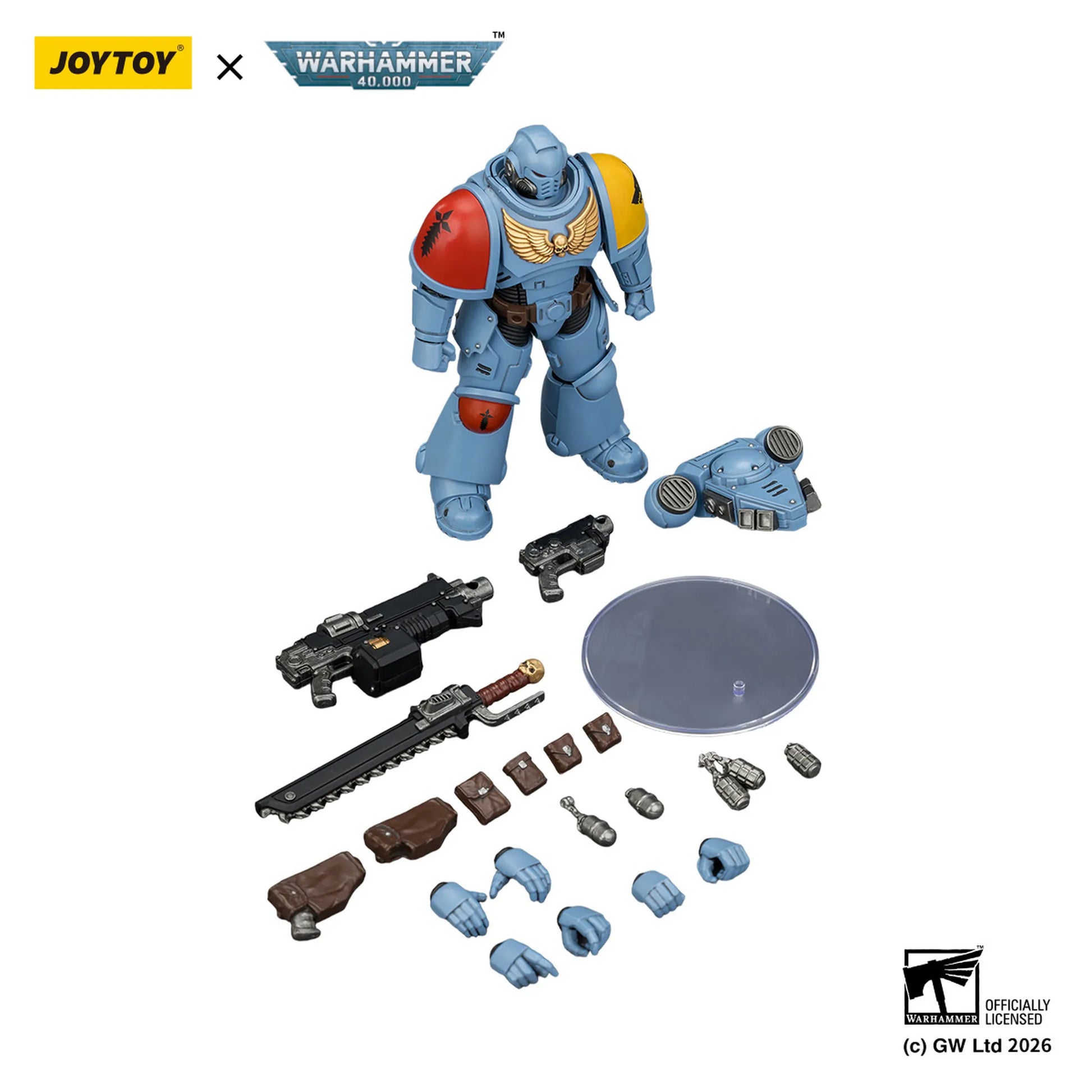 Toy figure with accessories on a white background, featuring Joytoy and Warhammer branding.