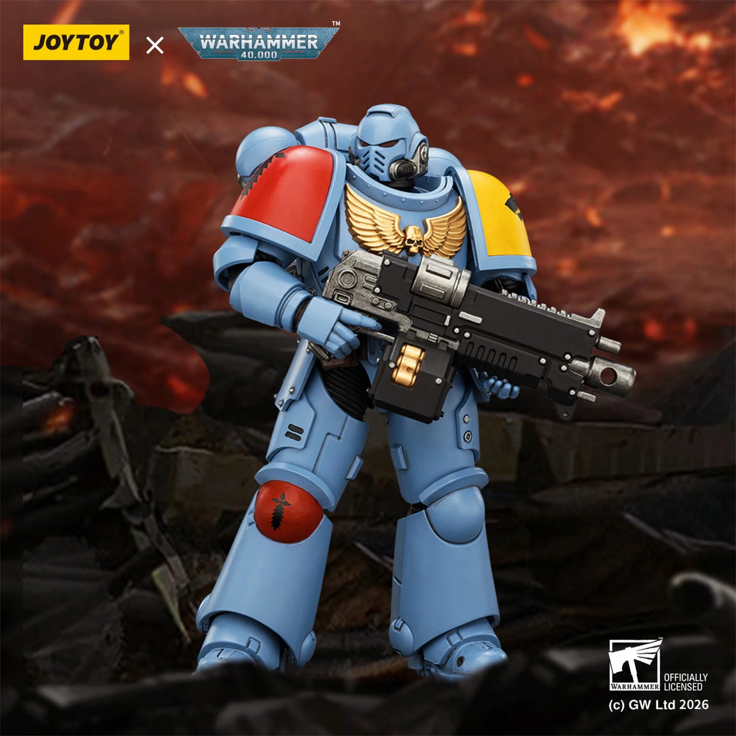 Toy figure of a warrior in blue armor with a weapon, branded as Joytoy x Warhammer, against a fiery background.