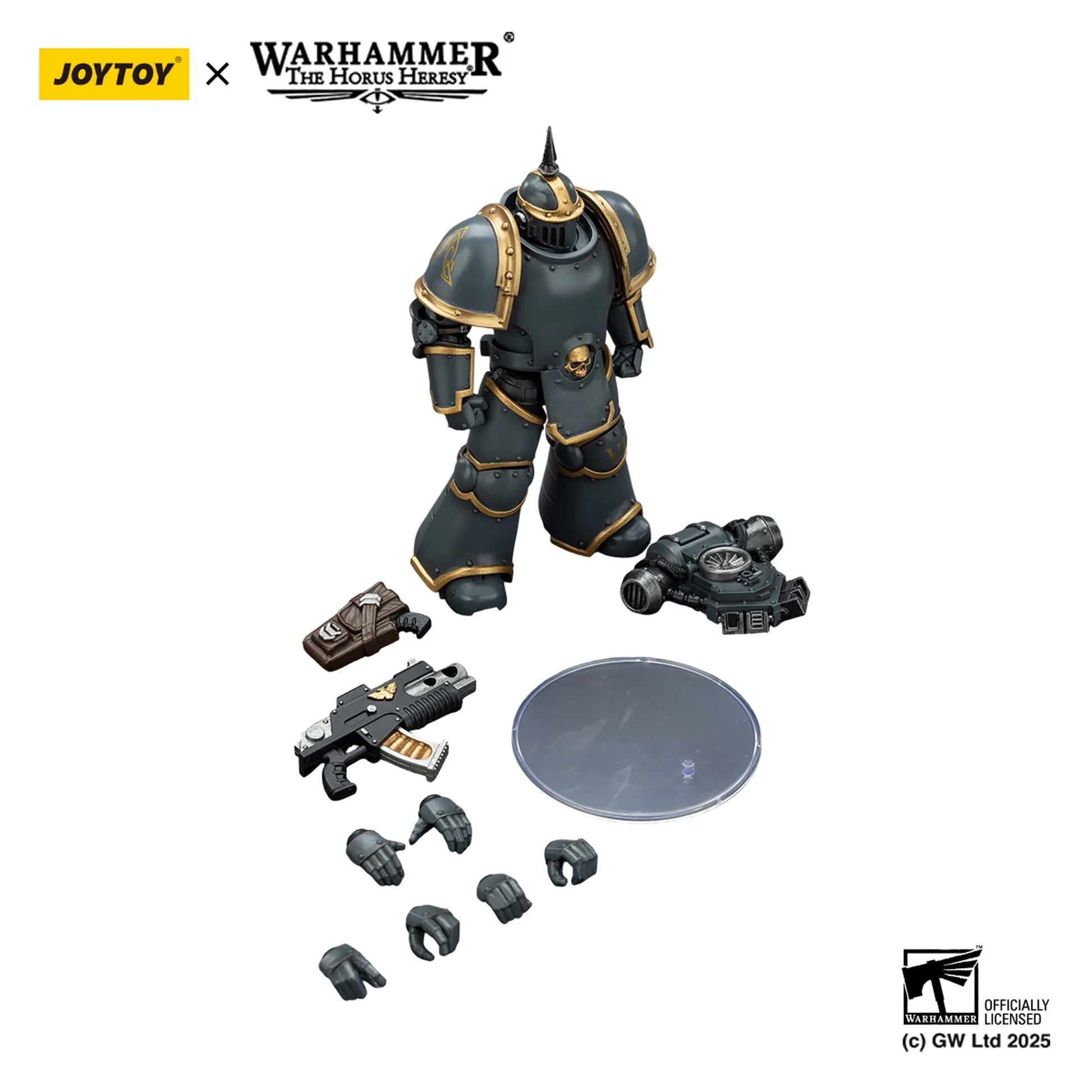 Warhammer figurine set with accessories on a white background, featuring Joytoy and Games Workshop logos.