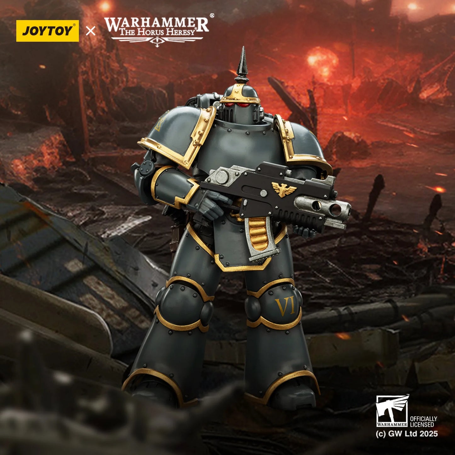 Warhammer figurine with Joytoy branding in a post-apocalyptic setting