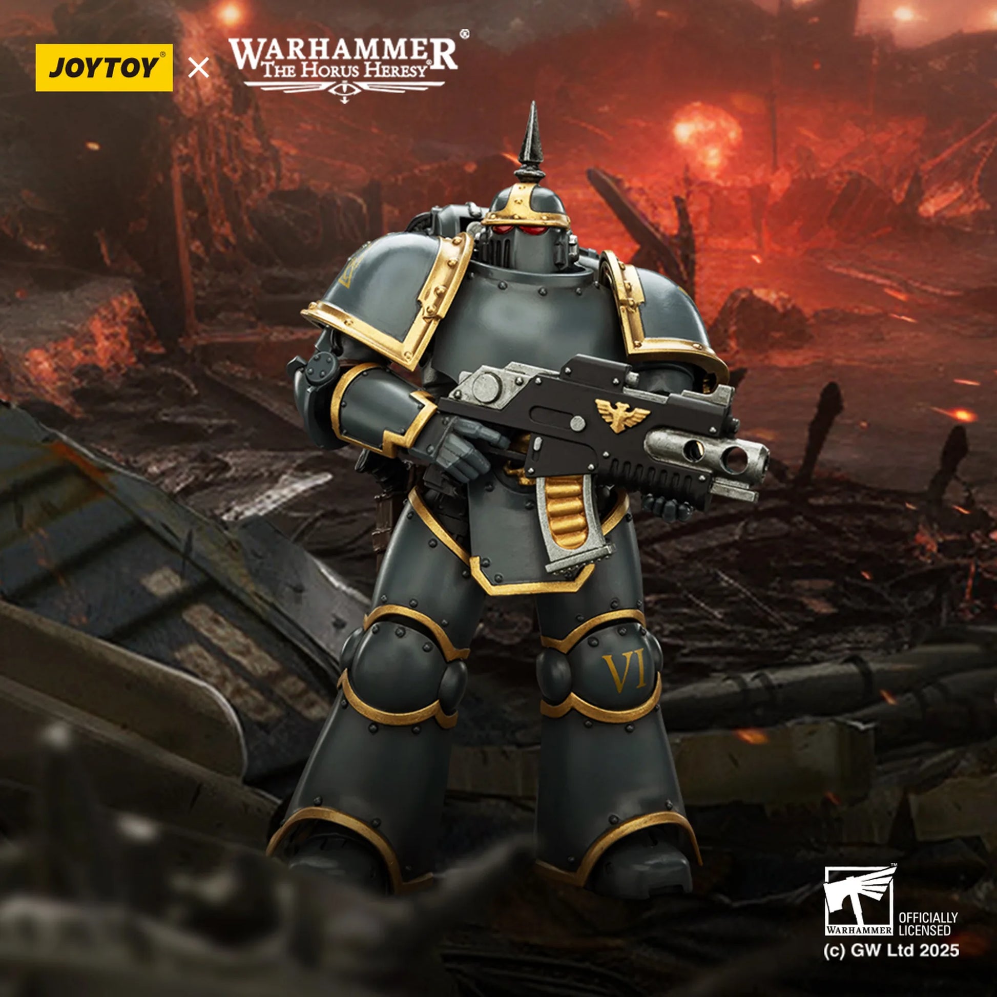 Warhammer figurine with Joytoy branding in a post-apocalyptic setting